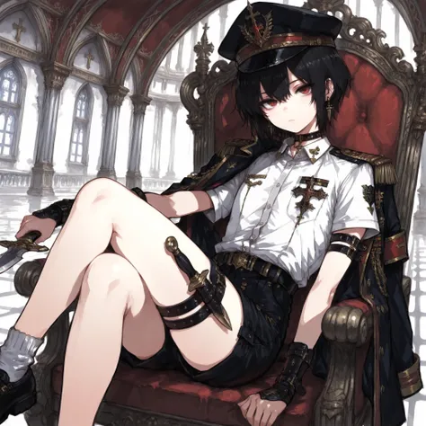 ((Best Quality)), ((masterpieces)), (detailed), Perfect Face, SOLO, ((femboy)), tomgirl, ANIME, beautiful detailed eyes, BOB hair, BOBed hair, black hair, RED EYES, BARE thighs, (((BARE LEG))), ((BLACK short pants)), (((dress shirt))), ((Flat chest)), Chok...