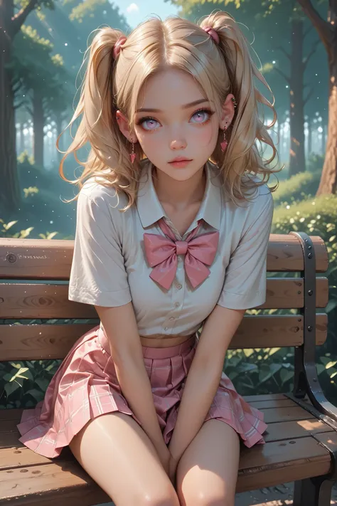 young girl, skinny blonde schoolgirl, curious body, Adorable, innocent looking, little booty, Pale skin Opal-colored eyes, high quality, double ear piercing, legs in different directions, pink mini skirt Very detailed, masterpiece, wooden bench, forest gla...