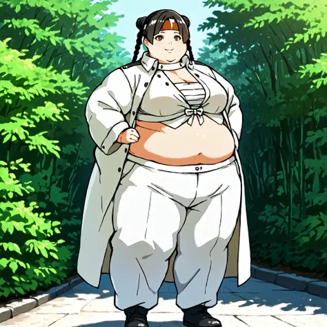 masterpiece, best quality, score_9, score_8_up, score_7_up, score_6_up, outdoors, 1girl, lenalee, long hair, hime cut, twin braids, double bun, bangs, parted bangs, twin tails, black hair, brown eyes, female focus, solo, white jacket, white pants, headband...