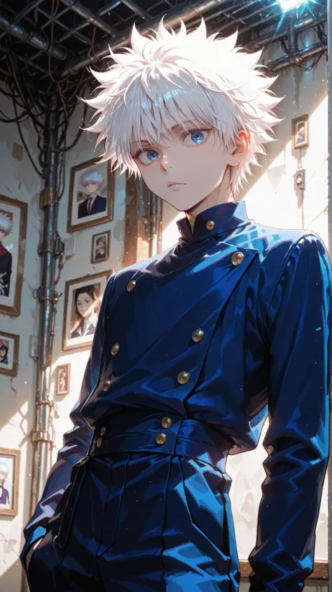 Although the picture depicts a young man with the spiky white hair and bright blue eyes that are associated with both Satoru Gozo from Jujutsu Kaisen and Killua Zoldyke from Hunter x Hunter, the picture itself clearly depicts Killua Zoldyke, with his disti...