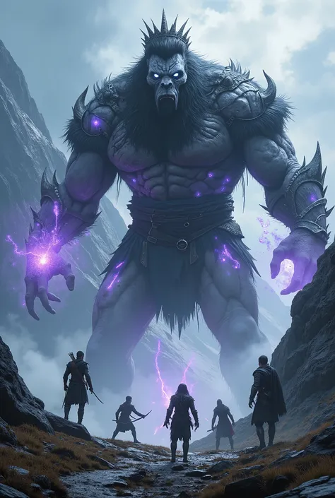 group of four rpg adventurers facing a giant around the mountains, this giant is gray and has white eyes with purple auras coming out of his body, the giant wears a tunic all over his body and has a black crown on his head, the adventurers are an archer, a...