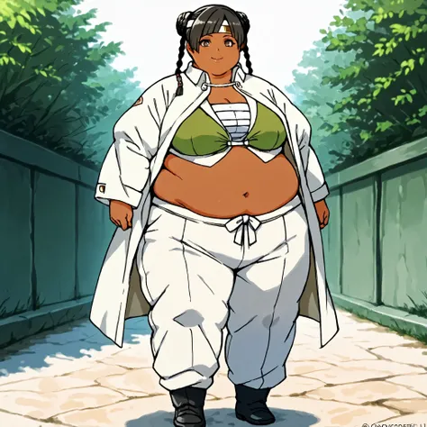 masterpiece, best quality, score_9, score_8_up, score_7_up, score_6_up, outdoors, 1girl, lenalee, long hair, hime cut, twin braids, double bun, bangs, parted bangs, twin tails, black hair, brown eyes, dark skin, female focus, solo, white jacket, white pant...
