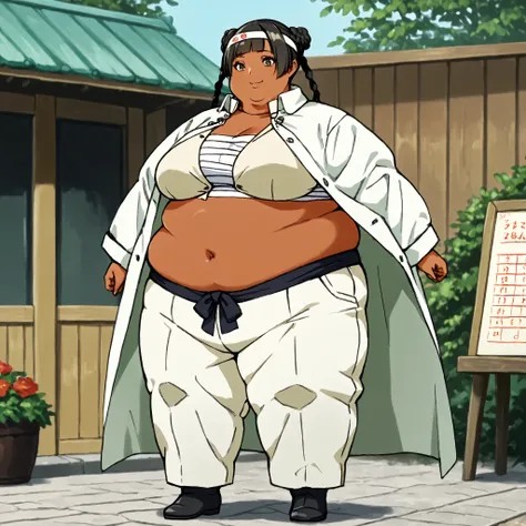 masterpiece, best quality, score_9, score_8_up, score_7_up, score_6_up, outdoors, 1girl, lenalee, long hair, hime cut, twin braids, double bun, bangs, parted bangs, twin tails, black hair, brown eyes, dark skin, female focus, solo, white jacket, white pant...