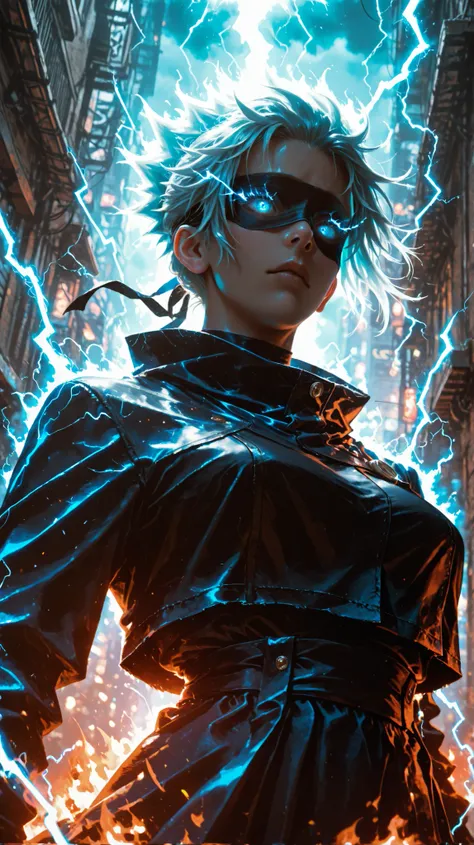 Satoru Gojo, Jujutsu Kaisen, epic pose, dynamic lighting, ultra detailed, sharp focus, 8k, cinematic, highly detailed eyes, glowing blue eyes, white spiky hair, black blindfold, black high-collar jacket, lightning bolts, electrical effects, mystical energy...