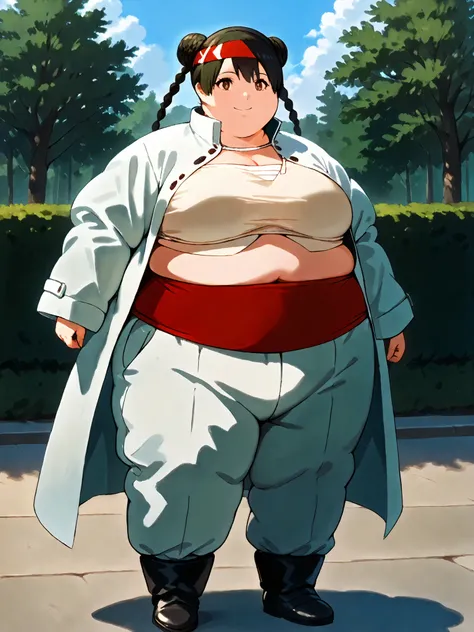 masterpiece, best quality, score_9, score_8_up, score_7_up, score_6_up, outdoors, 1girl, lenalee, long hair, hime cut, twin braids, double bun, bangs, parted bangs, twin tails, black hair, brown eyes, female focus, solo, white jacket, white pants, headband...
