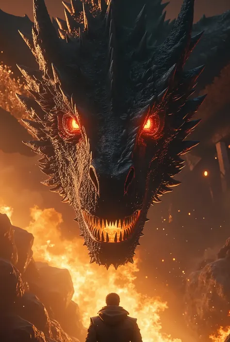 scarred, one-eyed dragon, powerful inside a final boss room, this dragon is brown and appears to have won countless battles, it has its wings open, cinematic style.