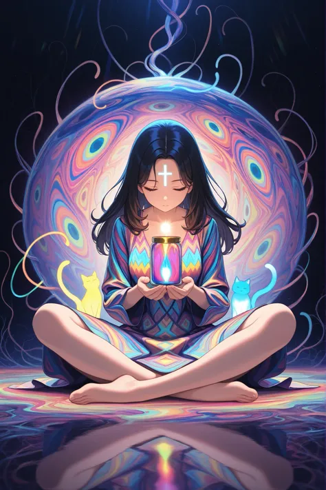 8k, Masterpiece, Top Quality, woman, full figure shot, sitting cross-legged, meditating pose, eyes closed, holding glowing jars, floating glowing jars around her, glowing light from forehead and chest, vibrant multi-colored glowing light, psychedelic envir...