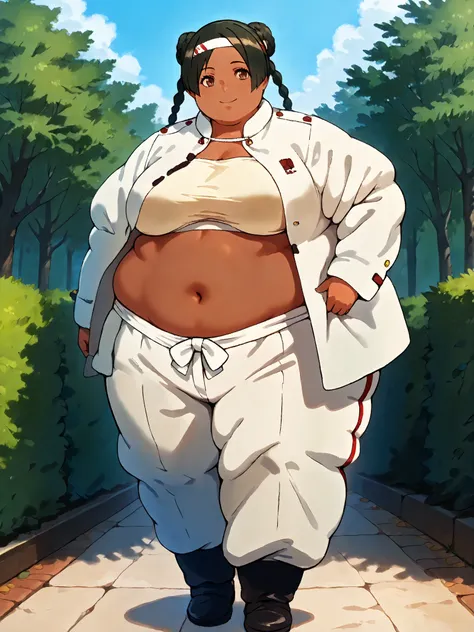 masterpiece, best quality, score_9, score_8_up, score_7_up, score_6_up, outdoors, 1girl, lenalee, long hair, hime cut, twin braids, double bun, bangs, parted bangs, twin tails, black hair, brown eyes, dark skin, female focus, solo, white jacket, white pant...