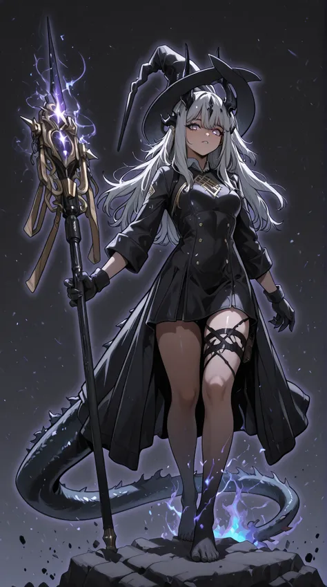alone, 1 girl, facing the viewer, white hair, hairstyle of Lucy Mayreel from "The Extra's Academy Survival Guide", body of Lucy Mayreel from "The Extra's Academy Survival Guide", purple eyes, long bangs, perfect anatomy, student, long black horns like Reed...