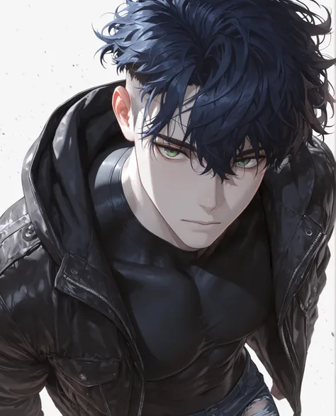 (masterpiece:1.2), (best quality:1.2), (very aesthetic:1.2), ,(newest),(highly detailed),(dynamic lighting),(cinematic lighting),1 man, adult, green Eyes, Black dark blue Hair, messy hair, short hair, undercut, hair between eyes, mature, handsome, sexy man...
