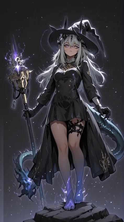 alone, 1 girl, facing the viewer, white hair, hairstyle of Lucy Mayreel from "The Extra's Academy Survival Guide", body of Lucy Mayreel from "The Extra's Academy Survival Guide", purple eyes, long bangs, perfect anatomy, student, long black horns like Reed...