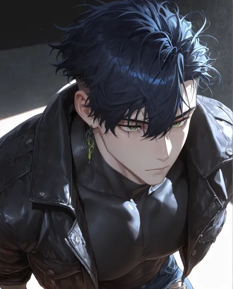 (masterpiece:1.2), (best quality:1.2), (very aesthetic:1.2), ,(newest),(highly detailed),(dynamic lighting),(cinematic lighting),1 man, adult, green Eyes, Black dark blue Hair, messy hair, short hair, undercut, hair between eyes, mature, handsome, sexy man...