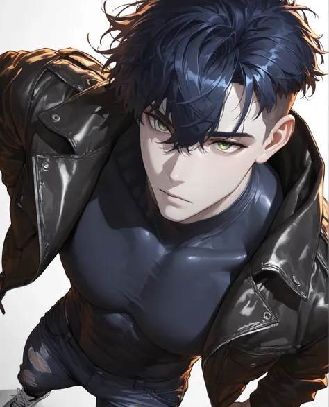 (masterpiece:1.2), (best quality:1.2), (very aesthetic:1.2), ,(newest),(highly detailed),(dynamic lighting),(cinematic lighting),1 man, adult, green Eyes, Black dark blue Hair, messy hair, short hair, undercut, hair between eyes, mature, handsome, sexy man...