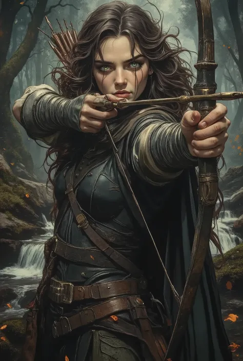 highly detailed digital illustration, depicting a female archer in a fantastic set ting. The picture shows a young woman with a bright color with long wavy skin and dark brown hair, cascading over the shoulders. Her piercing green bow eyes and decisive fac...