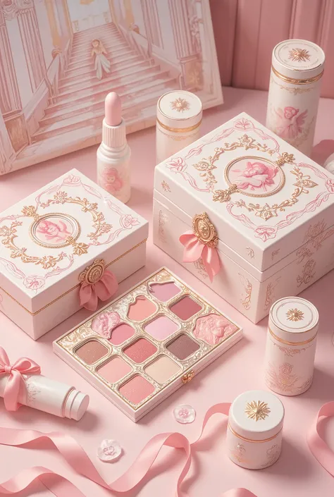 A collection of ornate cosmetics is arranged meticulously in soft, pastel hues. A luxurious eyeshadow palette features intricately embossed designs, combining shades of pinks and golds. Each compartment is adorned with elegant, baroque-inspired frames, cre...