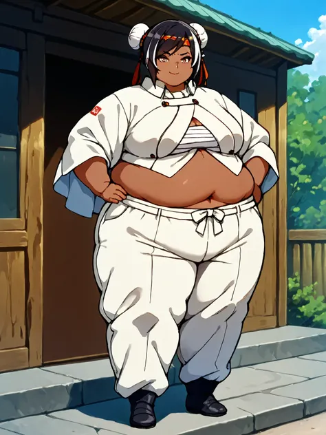 masterpiece, best quality, score_9, score_8_up, score_7_up, score_6_up, outdoors, 1girl, xinyan, long hair, hime cut, twin braids, double bun, bangs, parted bangs, twin tails, black hair, multicolored hair, brown eyes, dark skin, female focus, solo, white ...