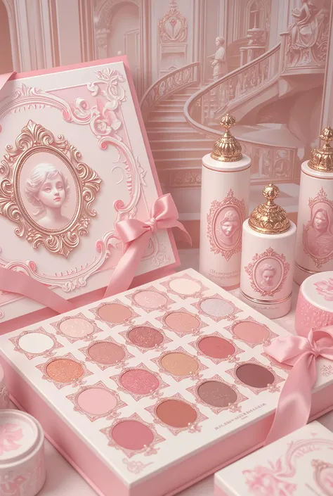 A collection of ornate cosmetics is arranged meticulously in soft, pastel hues. A luxurious eyeshadow palette features intricately embossed designs, combining shades of pinks and golds. Each compartment is adorned with elegant, baroque-inspired frames, cre...