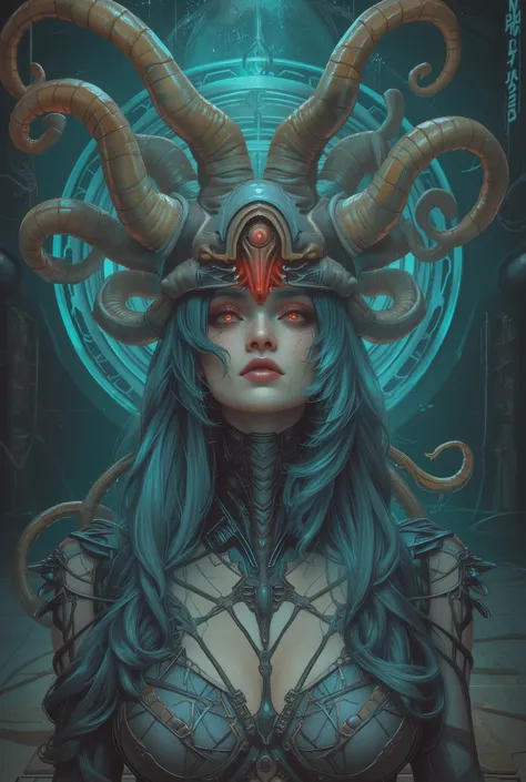 neon colored, (1 beautiful and obscene female alien:1.4), (There is a female genital-like organ in the middle of her forehead:1.95), She has medusa-like hair, (there are lots of translucent tentacles from her head like her hair:1.5), (vulgarity1.7), (she i...