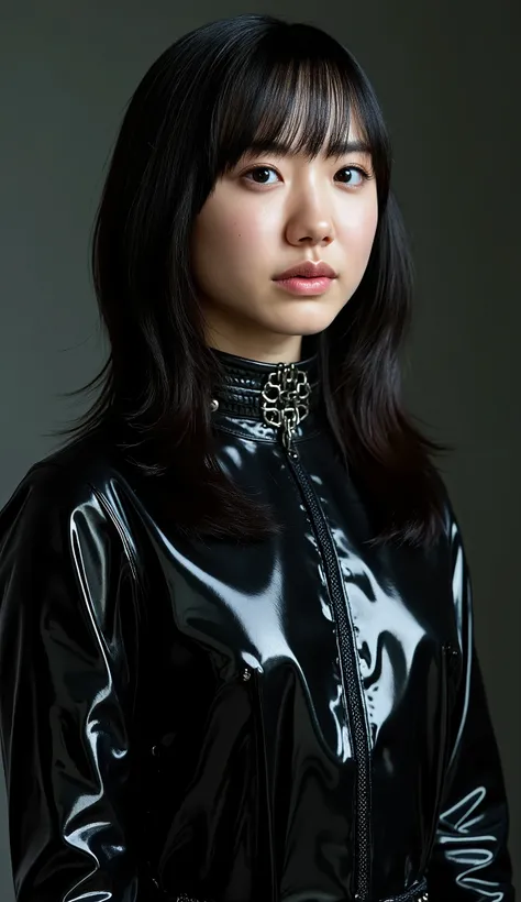Beautiful Japanese woman in black latex full body suit, ((Perfect Shiny Suit)), ( crying face, (leather), bondage,Slave's Iron Collar, Iron Collar with Chain,rope restraint, ((black whip in the right hand)), binding:1.5)、(Highest Quality:1.2, masterpiece)、...