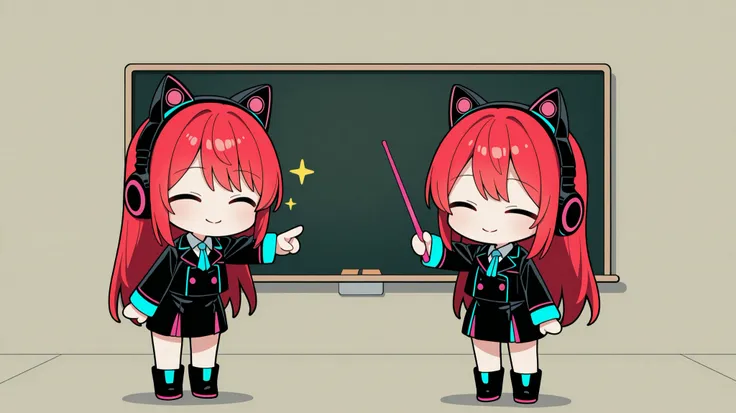 A clean and simple chibi-style anime girl with long red hair and cat-ear headphones, inspired by a gamer aesthetic. She is standing in the left corner of the image, facing forward, smiling gently. She is wearing a black outfit with colorful neon accents an...