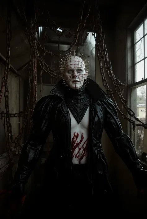 Pinhead, dilapidated house, blood, chains, attic background, high detail, masterpiece.