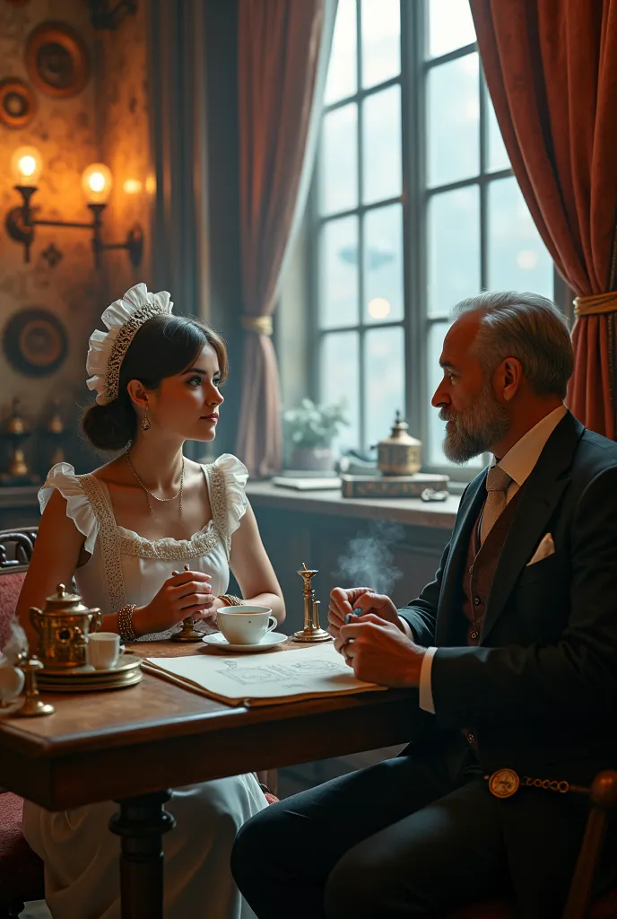 "Maid Cafe" — Victorian steampunk meeting between maids and teachers.

detail:

Scene: A cozy retro futuristic cafe with steampunk elements:  copper pipes , gears, velvet curtains, steam mechanisms on the walls, An antique watch with pneumatic cylinders. On the tables — porcelain cups with steaming tea, brass candlesticks, old books. Outside the window is a misty city with airships and gas lights.

housemaid: A young woman in a Victorian maid uniform with a maid's uniform lace apron, but with steampunk elements — a copper wristwatch, Goggle glasses on the head, mini gear belt. Her pose is elegant , but.

 teacher: An elderly man in a vintage suit with a vest, pocket watch and a steampunk cane. His beard is neatly trimmed, in his hands — an old textbook or a schematic drawing.

atmosphere: Warm lighting from Edison's lamps, light vapor in the air, a touch of antiquity and technology. Between characters — light tension or interesting conversation.

style: A mixture of Victorian aesthetics and steampunk — detailed textures, soft shadows, cinematic composition.