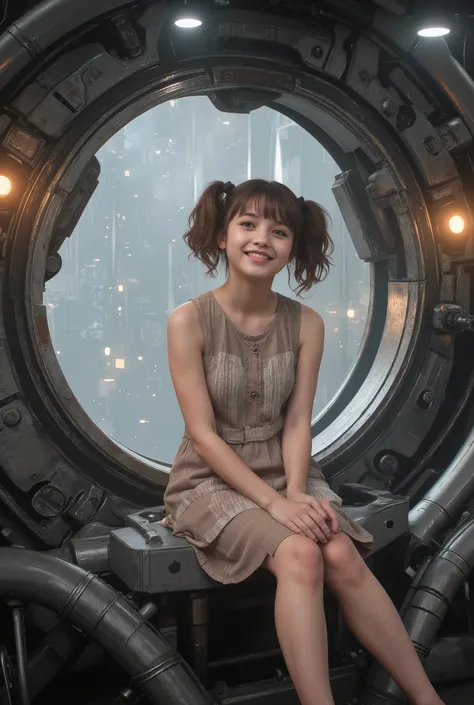 highly detailed, 8k, masterpiece, One girl, brown frills_hair_tube, dress, bend_that's all , Grin, (perfection_face), Sitting, machine, Brilliant, Complex, Dramatic lighting, 4K, detailed_background, Caustics, full_body, (Surreal:1.3), bloom,(Beautiful lig...