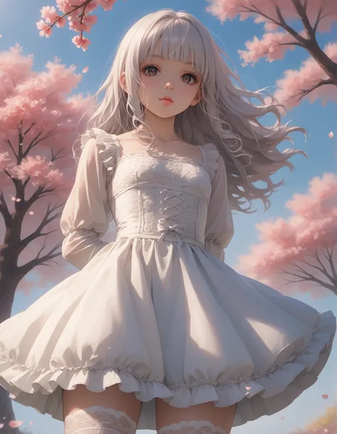 score_9, score_8_up, score_7_up, score_6_up, source_anime, rating:general, 1girl, solo, innocent looking girl, white hair, long hair with curls, blunt bangs, big dark brown eyes (doll like eyes), pale skin (porcelain skin), extremely detailed face (soft fa...
