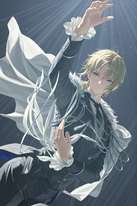 style of [arknights|(748cmstyle:0.88)], god rays, cinematic shot, masterpiece, best quality, amazing quality, very aesthetic, high resolution, ultra-detailed, absurdres, (hands:-0.15), (1boy, mature man, female:0.95), solo, alone,(dynamic pose, upper body ...