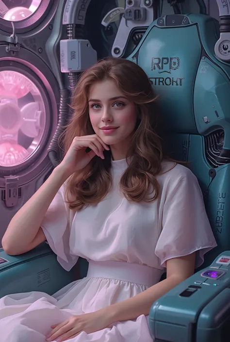 highly detailed, 8k, masterpiece, One girl, brown frills_hair_tube, dress, bend_that's all , Grin, (perfection_face), Sitting, machine, Brilliant, Complex, Dramatic lighting, 4K, detailed_background, Caustics, full_body, (Surreal:1.3), bloom,(Beautiful lig...