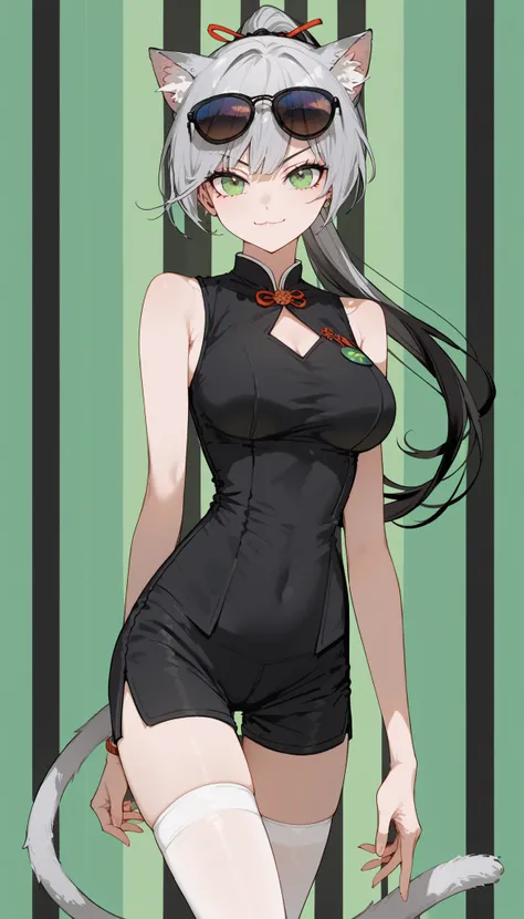 girl,Cat ears,Milf,, gray hair,black hair, two tone hair,in Green Eye,Big Breasts,slim,Slim waist, has a tail ,, ponytail, Sleeveless Top,,smile,green background,cool,Serious-Faced Shirt,sunglasses,, Black Chinese Dress ,Striped background,Shorts, White St...