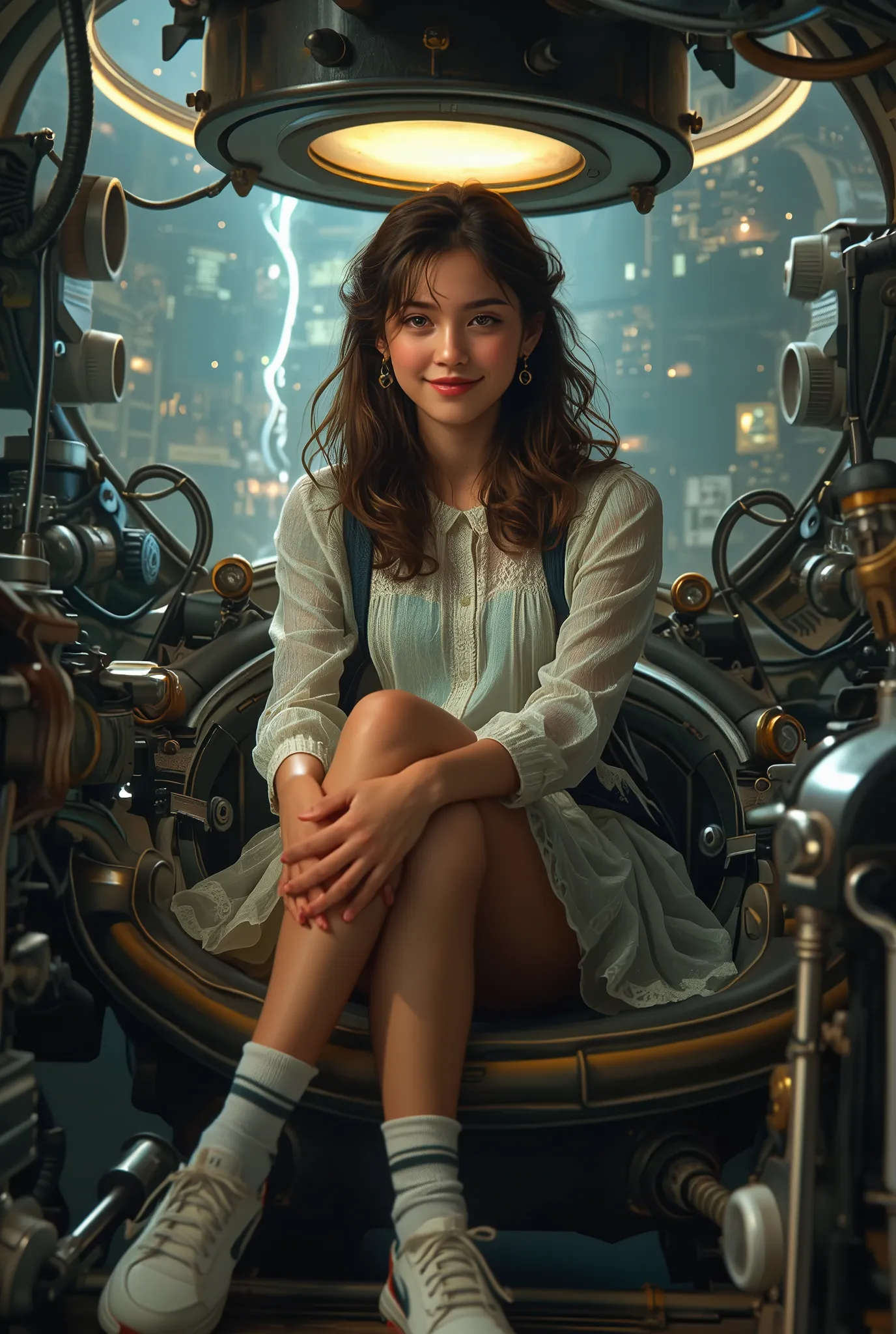 highly detailed, 8k, masterpiece, One girl, brown frills_hair_tube, dress, bend_that's all , Grin, (perfection_face), Sitting, machine, Brilliant, Complex, Dramatic lighting, 4K, detailed_background, Caustics, full_body, (Surreal:1.3), bloom,(Beautiful lig...