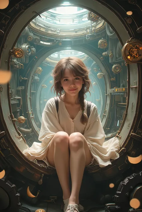 highly detailed, 8k, masterpiece, One girl, brown frills_hair_tube, dress, bend_that's all , Grin, (perfection_face), Sitting, machine, Brilliant, Complex, Dramatic lighting, 4K, detailed_background, Caustics, full_body, (Surreal:1.3), bloom,(Beautiful lig...