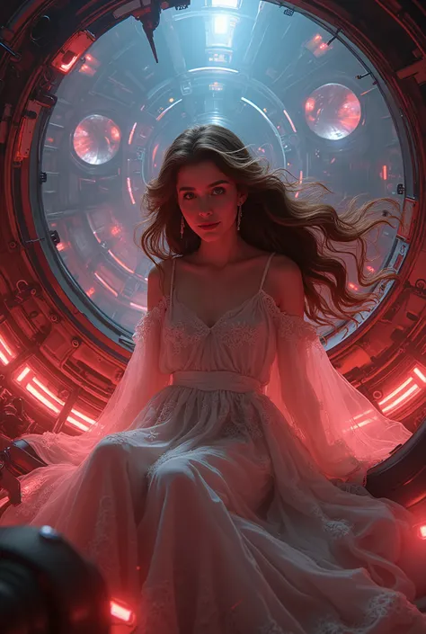 highly detailed, 8k, masterpiece, One girl, brown frills_hair_tube, dress, bend_that's all , Grin, (perfection_face), Sitting, machine, Brilliant, Complex, Dramatic lighting, 4K, detailed_background, Caustics, full_body, (Surreal:1.3), bloom,(Beautiful lig...