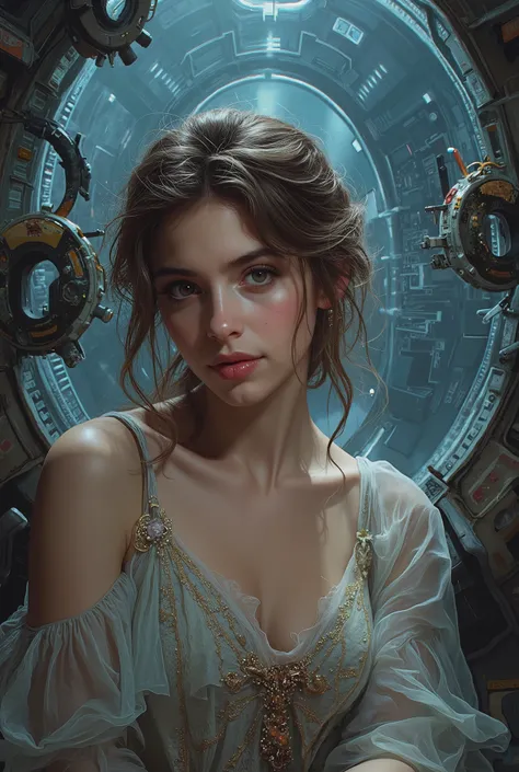 highly detailed, 8k, masterpiece, One girl, brown frills_hair_tube, dress, bend_that's all , Grin, (perfection_face), Sitting, machine, Brilliant, Complex, Dramatic lighting, 4K, detailed_background, Caustics, full_body, (Surreal:1.3), bloom,(Beautiful lig...