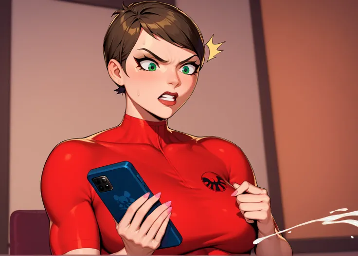 (NSFW, amerimanga style, 1woman only), high definition, (superheroe's high-tech theme), ((medium close-up shot)). (In a high-tech room), ((a woman like Maria Hill from Marvel Comics, holding a smartphone at arm's length in front of her face)), (shocked, re...
