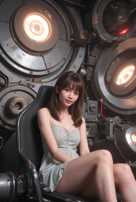highly detailed, 8k, masterpiece, One girl, brown frills_hair_tube, dress, bend_that's all , Grin, (perfection_face), Sitting, machine, Brilliant, Complex, Dramatic lighting, 4K, detailed_background, Caustics, full_body, (Surreal:1.3), bloom,(Beautiful lig...