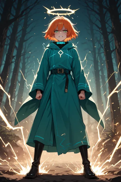 Score_9, Score_8_up, Score_7_up, cute, solo, Taylor-Askew, Femboy,  BREAK, Orange hair, messy hair, short hair, tousled hair, BREAK , teal wizard robe, light blue collar, Light green eyes, angry sneer, BREAK, ((standing, full body)), electric aura, electri...