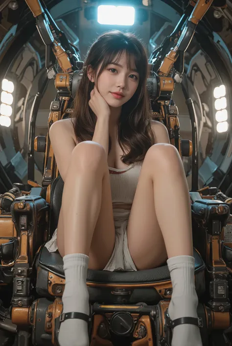 highly detailed, 8k, masterpiece, One girl, brown frills_hair_tube, dress, bend_that's all , Grin, (perfection_face), Sitting, machine, Brilliant, Complex, Dramatic lighting, 4K, detailed_background, Caustics, full_body, (Surreal:1.3), bloom,(Beautiful lig...