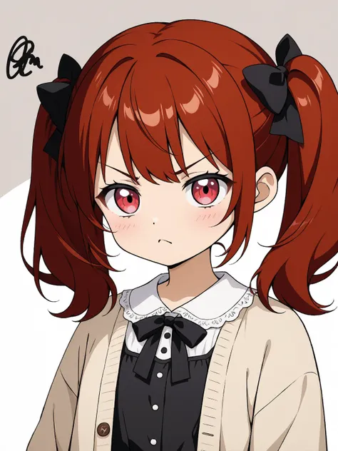 anime style、Highest Quality、very young woman、brown hair、twin tails、 big red hair bow、after the white blouse、black blouse bow、khaki cardigan、slightly angry、deformed