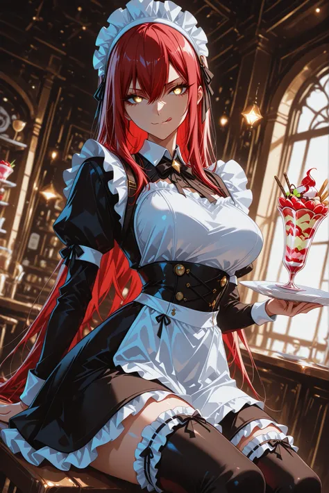 ((anime coloring:1.25)), 1 woman, golden eyes , very long hair , long sidelocks, red hair , half upon, mediumlarge breasts , petite , very cute , beautiful ,Straight hair, cool, handsome, hair between eyes,
, evil smile, maid, maid outfit, ta fashion, maid...