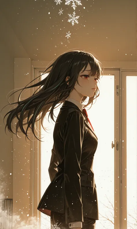 a beautiful and sad anime woman standing in a dimly lit room, wearing a black suit like mourning attire, with tears falling from her eyes in the form of delicate snowflakes, her long black hair with turquoise highlights gently flowing, red eyes filled with...