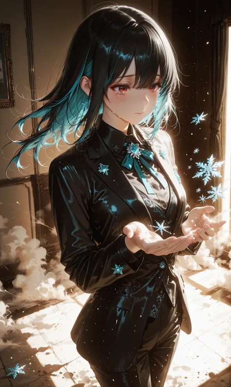a beautiful and sad anime woman standing in a dimly lit room, wearing a black suit like mourning attire, with tears falling from her eyes in the form of delicate snowflakes, her long black hair with turquoise highlights gently flowing, red eyes filled with...