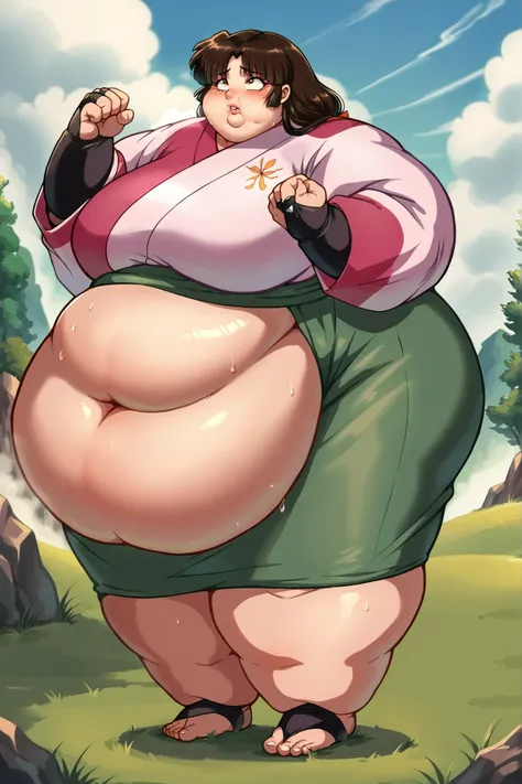 anime screencap, score_9, score_8_up, score_7_up, source_anime BREAK sango, 1girl, solo, brown hair, parted bangs, low-tied long hair, brown eyes, outdoors, grass, day, pink kimono, green long skirt, black bridal gauntlets, giant hands, giant feet, fat, ch...