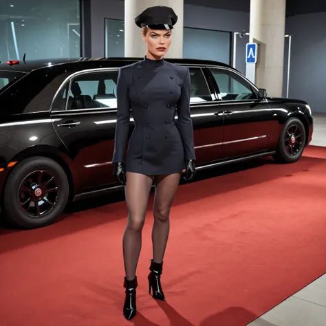 masterpiece, best quality, very aesthetic, absurdres, realistic, red carpet, solo, Mercy Graves, athletic, perfect face, dark blue eyes, lipstick, looking at viewer, angry, brown hair, very short hair, black chauffeur hat, black chauffeur uniform, double-b...