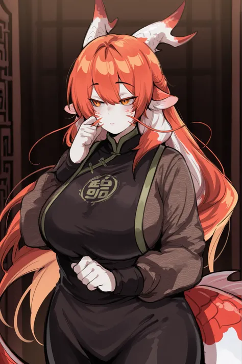 score_9. score_8_up. score_7_up. score_6_up. , score_5_up. score_4_up, BREAK, best quality, masterpiece, hyperdetailed, 8k, hd, absurdres, perfect, very aesthetic, absurdres, newest, kurenaiz, victorian era, solo, 1girl, girl focus, adult, koi fish pattern...