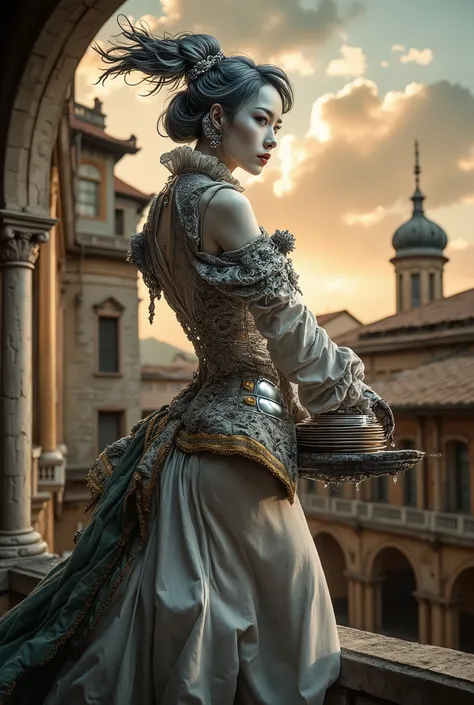 (masterpiece), (hyperrealistic), (8 k, super sharp), (cinematic lighting), (photographic depth of field), ((futuristic humanoid robot waitress), smooth silver and chrome limbs, open joints, glowing blue eyes, elegant pose in an exquisite Renaissance outfit...