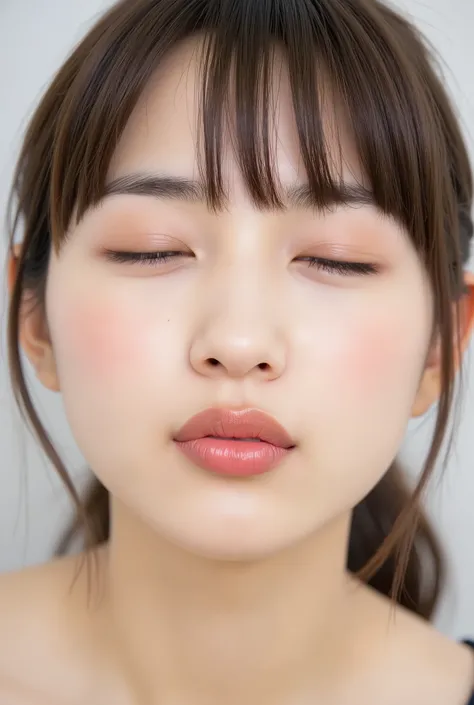 ultra-detailed close-up of a beautiful modern girl, collarbone-up composition, white studio background, soft natural lighting, soft focus on background,
camera angle slightly elevated (about 60 degrees), subject's chin gently raised, head and face facing ...