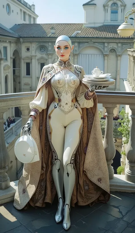 (masterpiece), (hyper-realistic), (8k, ultra-sharp), (cinematic lighting), (photographic depth of field), ((futuristic humanoid robot waitress), smooth silver and chrome limbs, open joints, luminous blue eyes, graceful pose in an exquisite Renaissance outf...