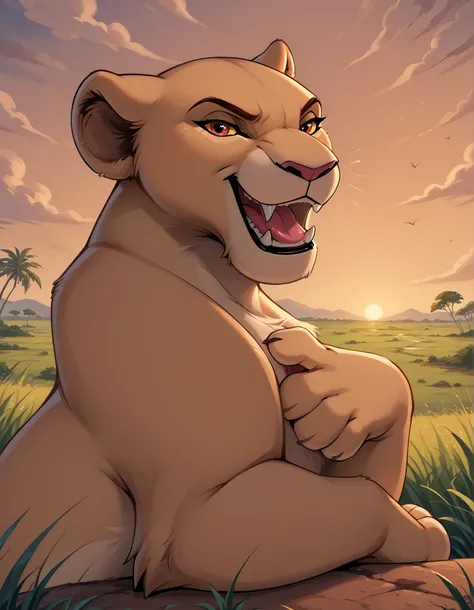 solo, Lioness, Feral, smile, open mouth, tongue, sharp teeth, grin, (looking at viewer, sitting, africa, sunset, grass, front view, detailed background, upper body, narrowed eyes, 4 fingers, paws, hand on own chest, angry, side view